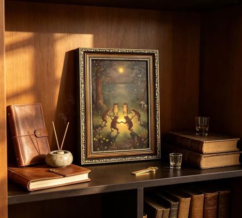 Vintage Gold Framed Frog Wall Art, Frogs Dancing in Moonlight Canvas Print - Image 3