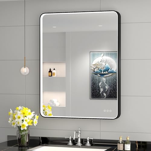 LED Mirror for Bathroom 28X36 Inch Black Framed by Oerbasz