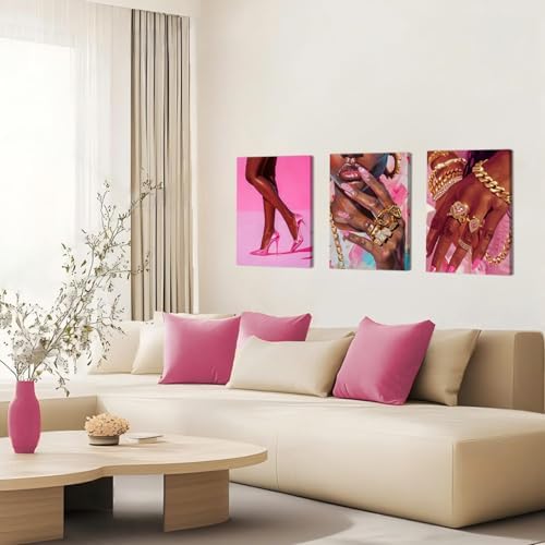 Black Girl Wall Art Set of 3 Pink Fashion Black Woman Canvas Wall Decor - Image 2