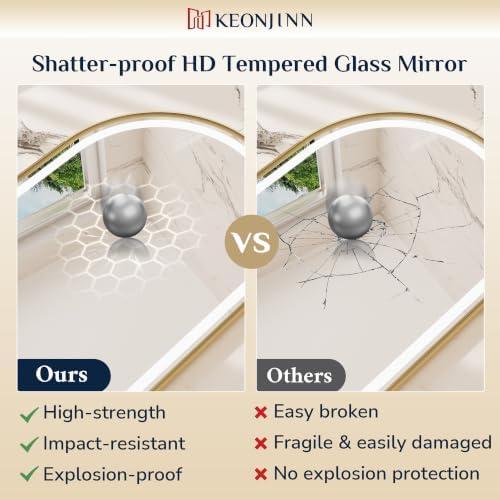 Keonjinn 24x36 Inch Gold Arched LED Bathroom Mirror, Frontlit & Backlit - Image 4