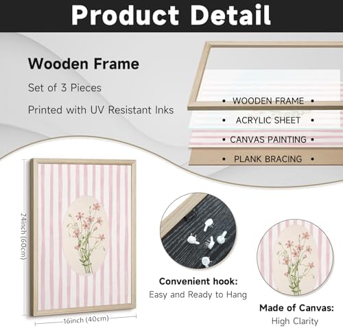 Pink Flower Wall Art Striped Floral Prints Botanical Canvas Wall Decor - Image 2