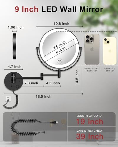 Gospire 9" Wall Mounted Lighted 10X Magnification Double-Sided LED Mirror - Image 2