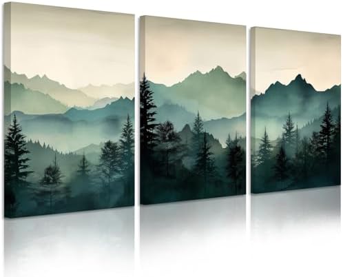 Mountain Wall Art Decor Set of 3 Sage Green Forest Canvas Wall Art Prints by Unknown