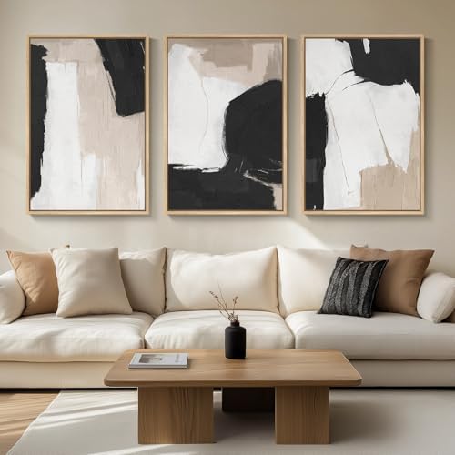 Large Framed Black and White Neutral Abstract Wall Art, 3 Piece, 24x36 In by Cuspin