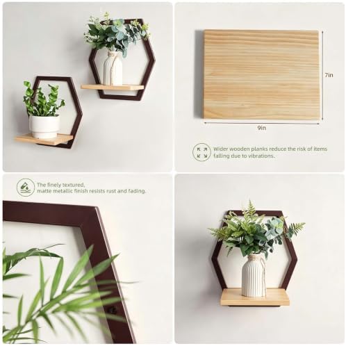 2 Pack Hexagon Wall Plant Stands, 9 Inch Wood Shelf Coffee - Image 5