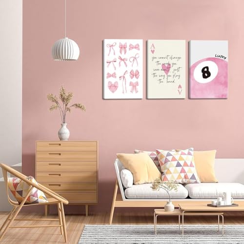 Trendy Pink Bows Canvas Wall Art Set of 3, Vintage Preppy Lucky 8 Ball Wall - Image 4