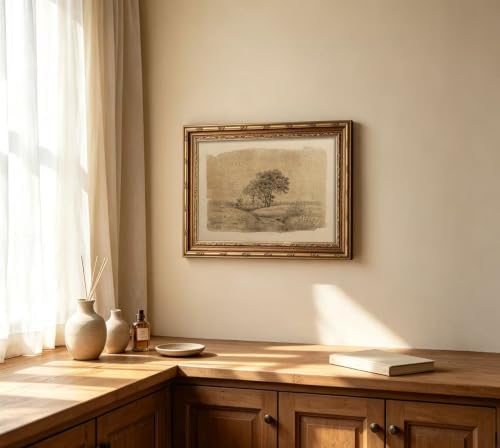 Vintage Gold Framed Sepia Country Landscape Sketch Wall Art, Rustic Tree Grove - Image 3