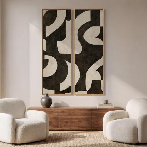 Large Framed Neutral Black Beige Abstract Vertical Wall Art Decor, 2 Pieces - Image 5