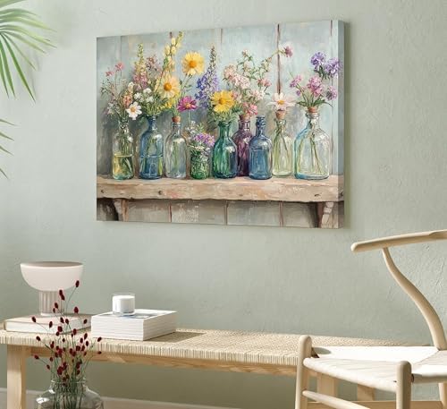 Farmhouse Flower Canvas Wall Art Wildflowers Bottles Wall Decor Rustic Plants - Image 4