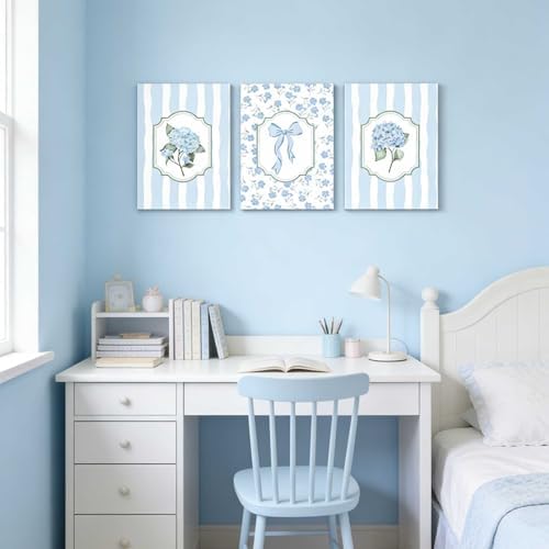 3Pcs Blue Hydrangea Canvas Wall Art Trendy Light Blue Striped Watercolor Bow - Image 3