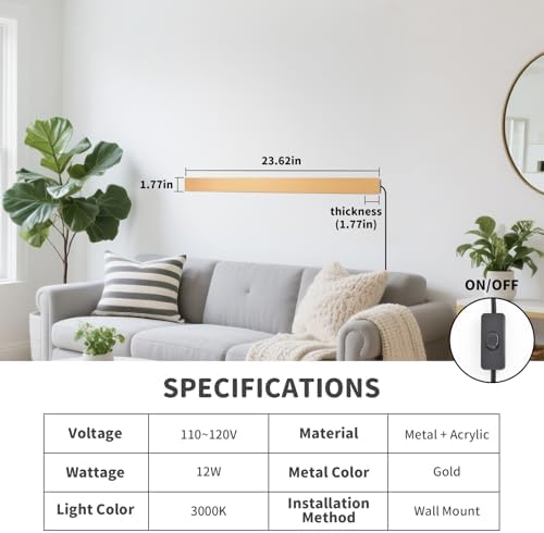 KELUOLY Modern Plug in Wall Sconces, 23.6 inch Frosted Gold LED Long Wall Lights - Image 2
