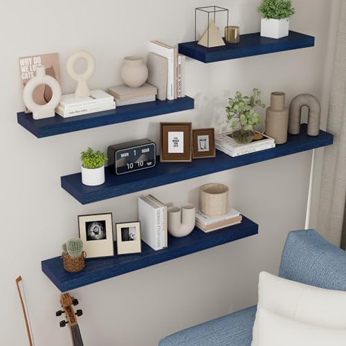 fuqing Blue Floating Shelves for Wall, 17 Inch Wood Wall Shelves Set of 3 - Image 2