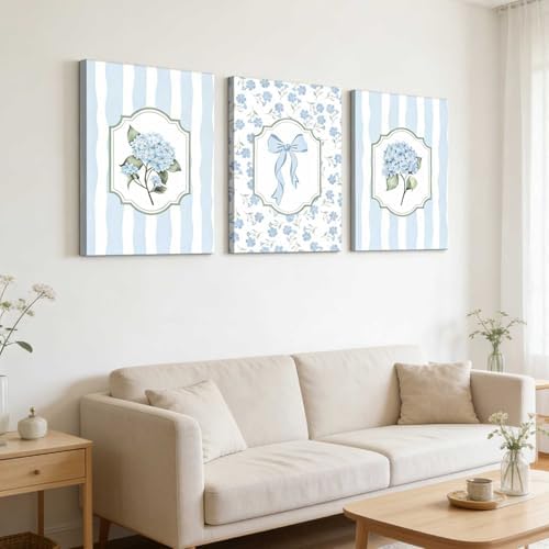 3Pcs Blue Hydrangea Canvas Wall Art Trendy Light Blue Striped Watercolor Bow - Image 6