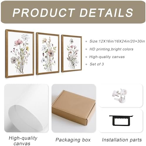 WRFON Framed Botanical Canvas Wall Art Set of 3, Watercolor Floral Prints - Image 6
