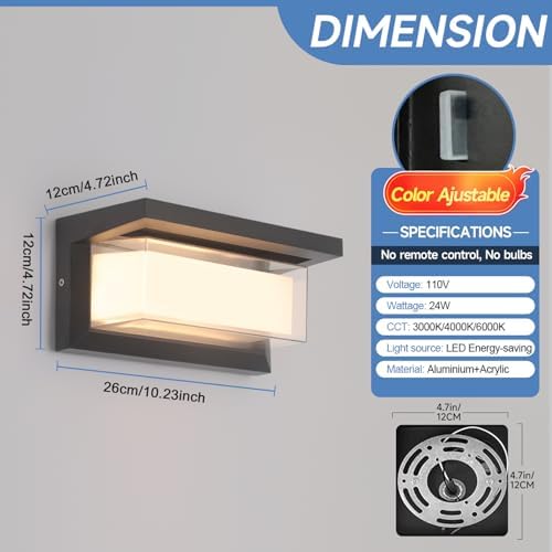 2 Pack 24W LED Outdoor Wall Lights Exterior/Interior Adjustable 3-Color Sconces - Image 4