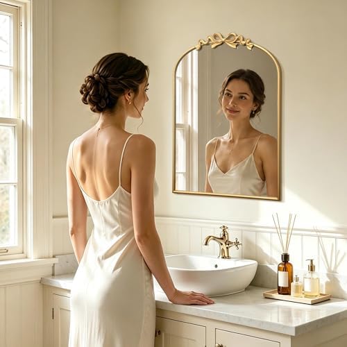 Besdomus Bow Arched Gold Mirror: 22"x30" Gold Antique Vanity Wall Mounted Mirror - Image 2