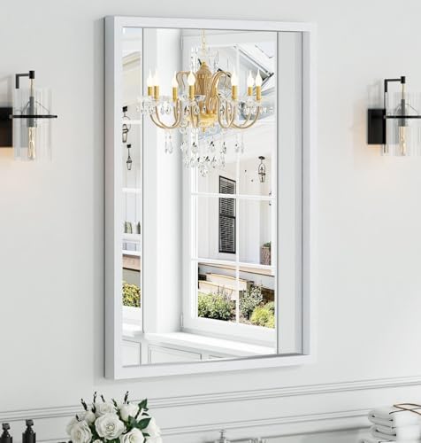 Syndra White Wood Frame Bathroom Mirror, Waterproof Slim Deep Frame, by Syndra