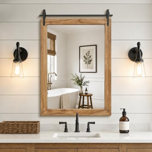 Farmhouse Bathroom Vanity Mirror, 36”x 24” Wood Barn Door Mirror, Light Brown by LawadaMirror