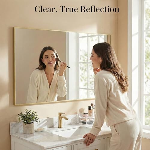 55"x30" Satin Gold Wide Bathroom Wall Mirror - Image 5