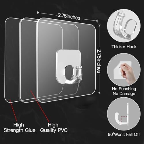 Large Adhesive Hooks for Hanging Clear 20 Pack Wall Hangers Heavy Duty 33lb - Image 4