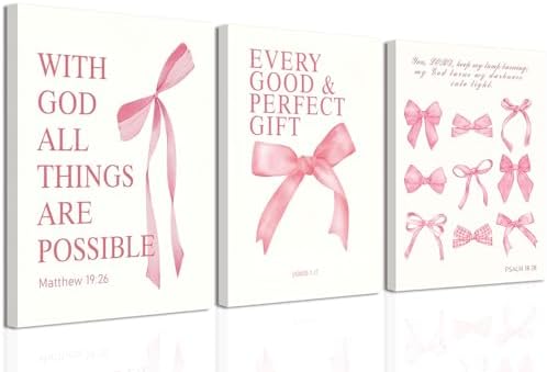 3 Pcs Coquette Pink Bow Canvas Wall Art Inspirational Bible Verses Bow Posters by wallart
