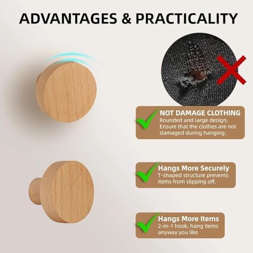 4 Pack Wood Wall Hooks Round Wooden Coat Hooks Adhesive Hooks Heavy Duty - Image 7