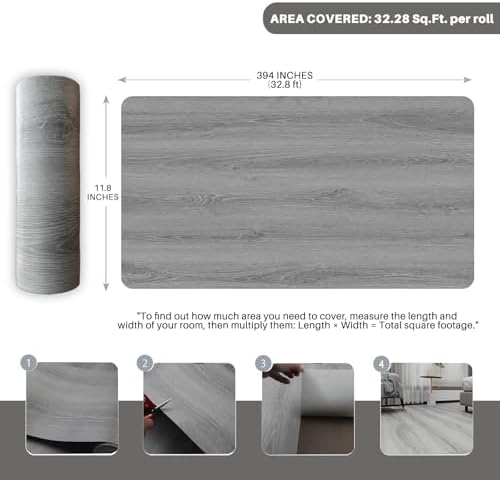 Wood Grain Peel and Stick Floor Tiles, 11.8" W × 394" L, Soft Gray - Image 2