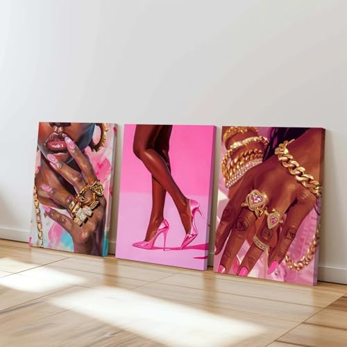 Black Girl Wall Art Set of 3 Pink Fashion Black Woman Canvas Wall Decor - Image 6