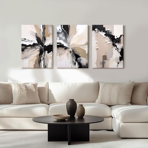 NCCXNCC 3-Piece Black and Beige Abstract Canvas Wall Art, 12x16 Inch Framed - Image 3