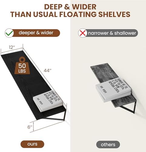 Heimlove 44W x 12D Deep Floating Shelves Set of 2 Black - Image 3