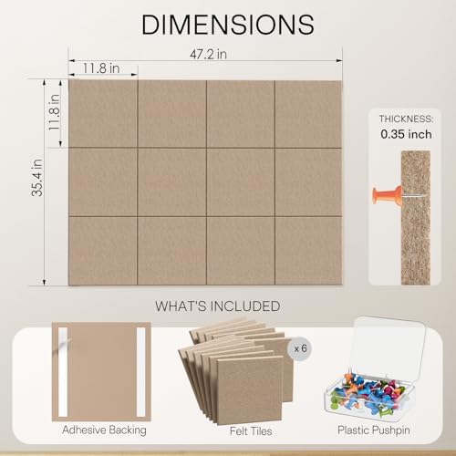 MaxGear Felt Bulletin Board 48" x 36", Tan Felt Wall Tiles Wall Decor - Image 2