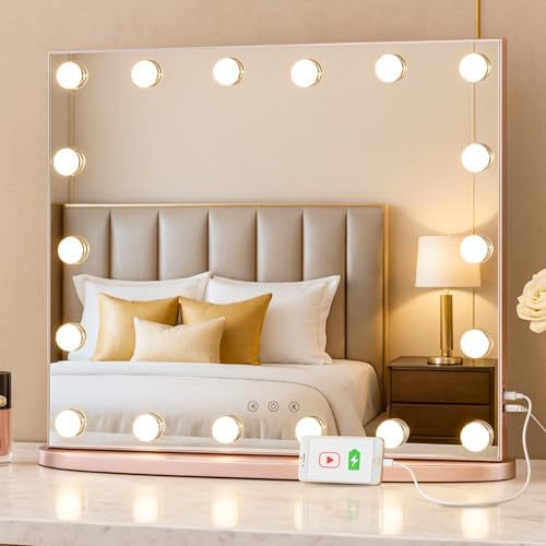 LUXFURNI Vanity Mirror with Lights, 23.6" Hollywood Makeup Mirror Rose Gold by LUXFURNI