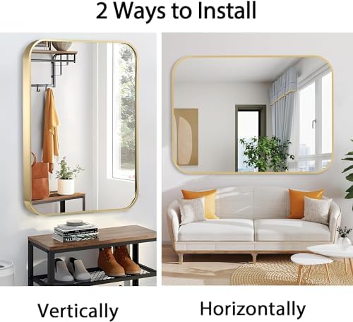 20x30 Inch Gold Bathroom Mirror, Brushed Brass Gold Metal Framed Rectangular - Image 6