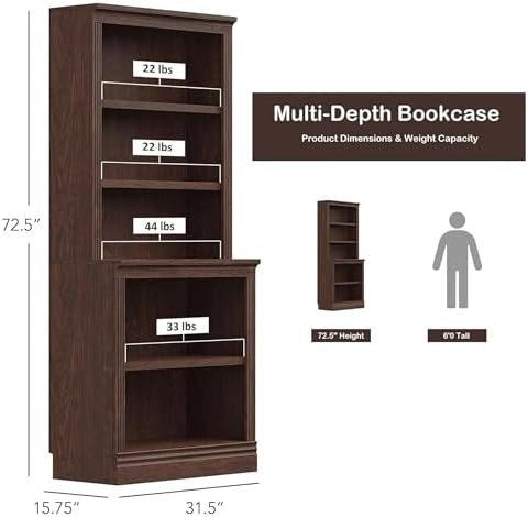 JAHRSTIM Halston Multi-Depth 5-Tier Bookshelf Shelving Unit, Dark Cherry - Image 3