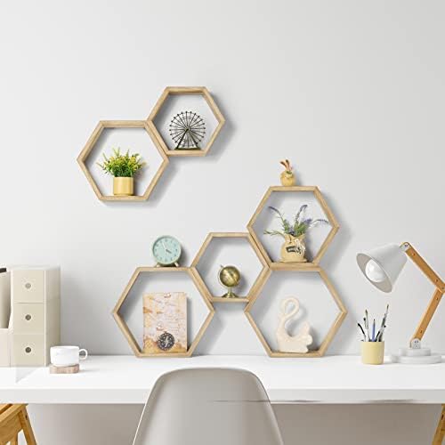 Hexagon Floating Shelves Set of 6, Honeycomb Wall Shelf, Light Brown - Image 6