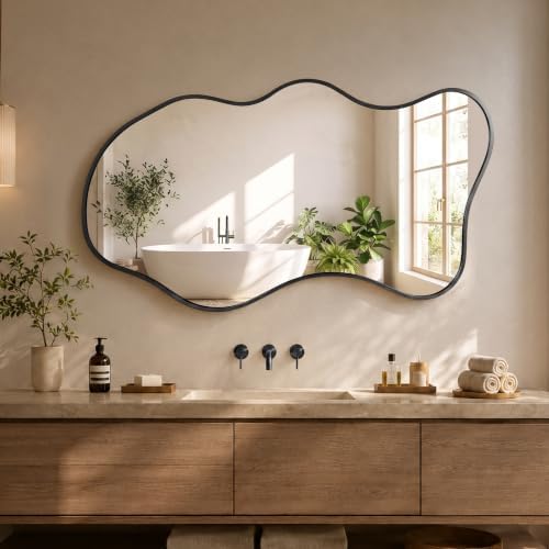 26"x46" Irregular Black Wall Mirror, Wavy Asymmetrical Mirror by Unknown