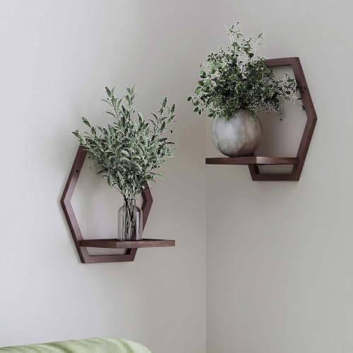 2 Pack Hexagon Wall Plant Stands, 9 Inch Walnut Wood Shelf Coffee by HomecourtyardsInterio