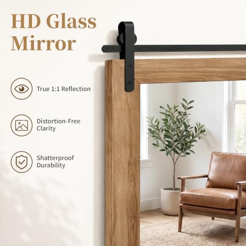Farmhouse Bathroom Vanity Mirror, 36”x 24” Wood Barn Door Mirror, Light Brown - Image 3