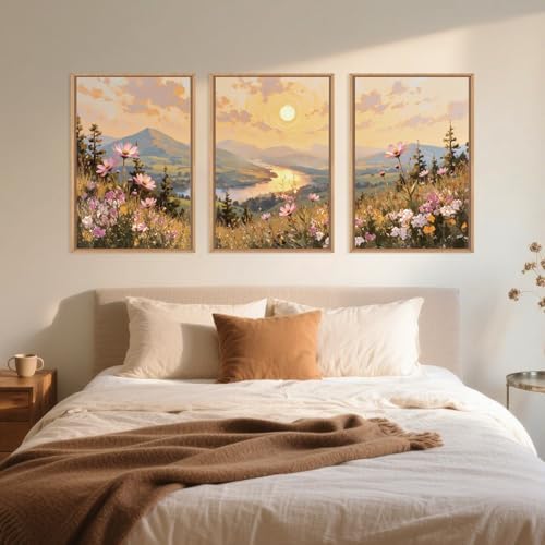 LHIUEM Large Boho Sunset Wildflower Framed Canvas Wall Art, Nature Pink Flower - Image 5
