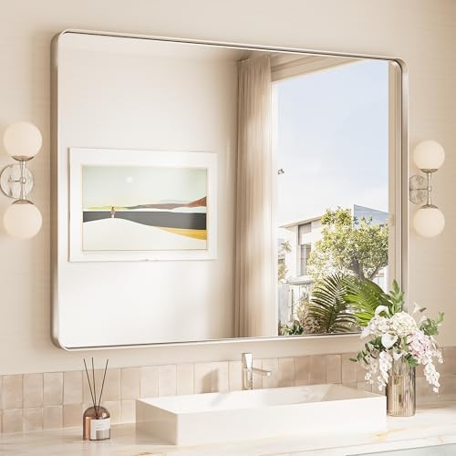 TokeShimi 48x36 Brushed Nickel Bathroom Wall Mirror Vanity Metal Frame Round by TokeShimi