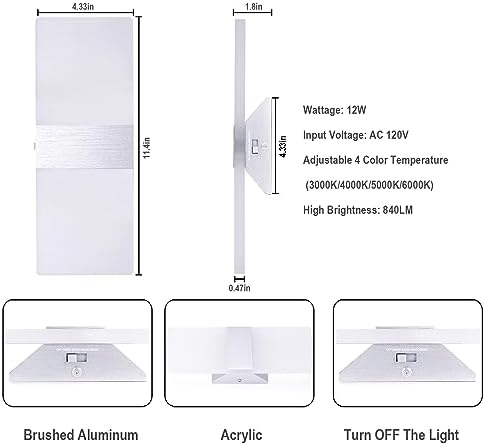 TRLIFE Dimmable LED Wall Sconces, 4 Color Temperature 12W Modern Wall Sconce - Image 6
