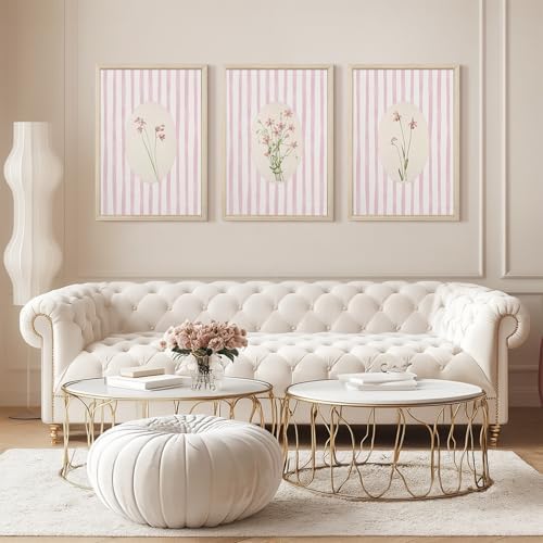 Pink Flower Wall Art Striped Floral Prints Botanical Canvas Wall Decor - Image 7