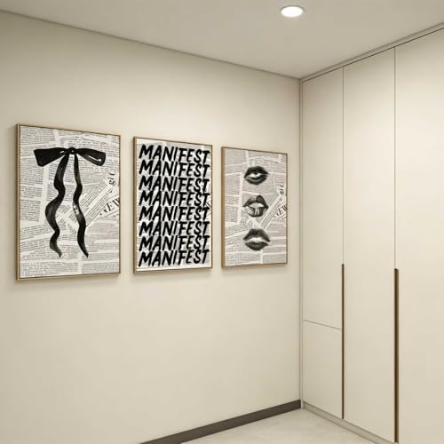 3Pcs Trendy Black and White Preppy Wall Art Retro Kiss Lips Bow and Manifest - Image 7
