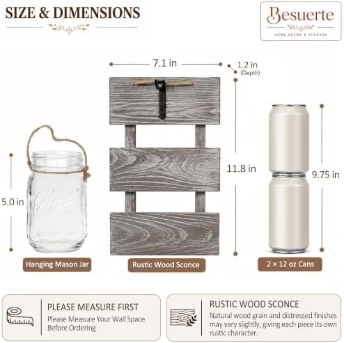 Farmhouse Mason Jar Wall Sconces Set of 2, Rustic Gray Decor - Image 2