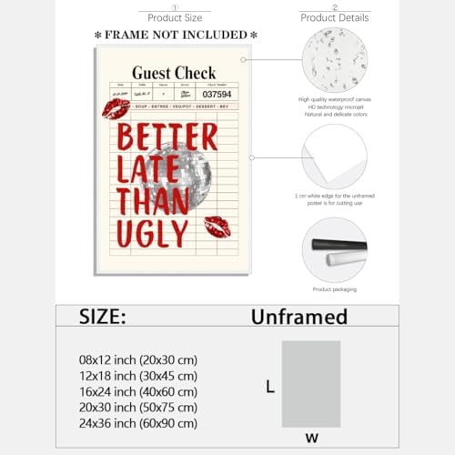 Funky Red Girly Wall Art Better Late Than Ugly Posters Retro Guest Check Art - Image 2