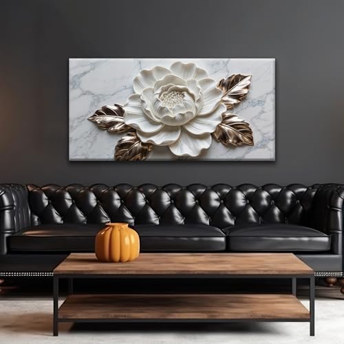 Suconvng Wall Art Living Room Marble Texture Wall Art Modern White Flower - Image 4