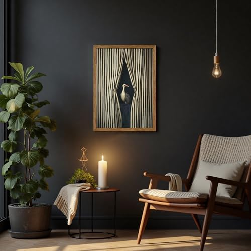 AVECCO Vintage Striped Curtain Moody Crane Wall Art Canvas Framed 16x24 in - Image 2