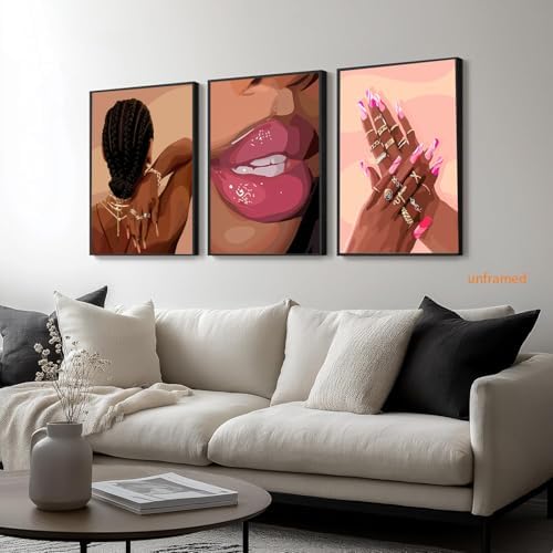 Black Girl Pink Wall Art Set of 3 African American Black Women Canvas Posters - Image 2