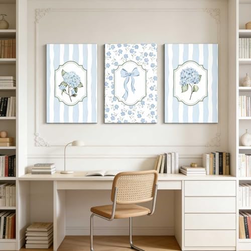 3Pcs Blue Hydrangea Canvas Wall Art Trendy Light Blue Striped Watercolor Bow - Image 5