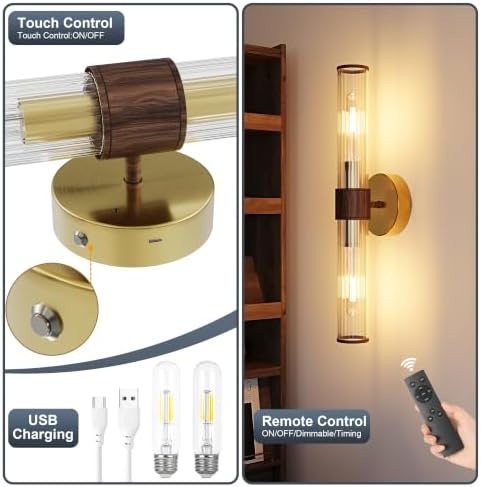 Morauroral Gold Walnut Battery Operated Wall Sconces Set of 2 - Image 6